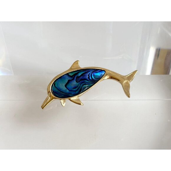 Dolphin Figural Faux Blue Abalone Gold Toned 90's Vintage Lapel Brooch Pin - Picture 2 of 10
